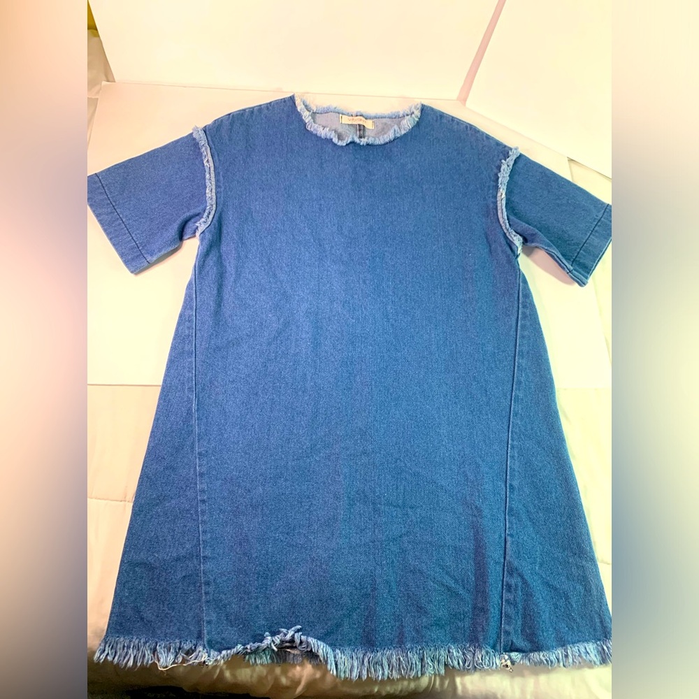 90s Y2K Vintage Raw Hem Denim Mini Shift Dress Size M